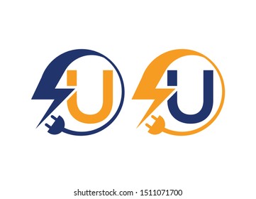 Electrical sign with the letter U,  Electricity Logo, electric logo and icon Vector design Template.Lightning Icon in Vector. Lightning Logo, Power Energy Logo Design Element, 