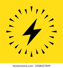 Electrical sign with sparks. Lightning bolt icon or electric energy symbol surrounded by sparks in black on yellow background.