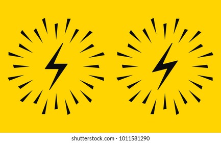 Electrical Sign with Sparks. Vector Icon of Electric Energy Symbol Surrounded by Sparks in Black on Yellow Background. Electric Flash in Two Graphic Variation