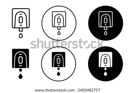 Electrical soap box icon. bathroom or washroom hand sanitizer or disinfectant liquid soap form gel bottle dispenser logo mark set. toilet lavatory mounted button press electrical soap cleaner box 