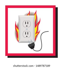 Electrical socket with a fire safety violation. Faulty electrical wiring fire leads to majority of fire. Loose contacts of electric outlets is a common catalyst. Vector illustration on pink background