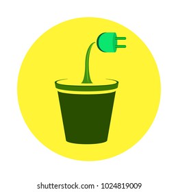 Electrical socket growing as a flower from a green pot on sunny background. Symbol of clean energy.
