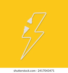 Electrical socket with plug. Electrical extension cord in the form of an electrical sign, lightning.Concept of connection and disconnection. Wires, cables, high voltage sign. Vector illustration.