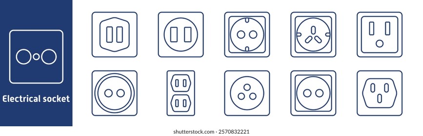 Electrical socket set icon. Plug types, outlets, power connectors, three-prong sockets, international standards, power supply, adapters, electric current, safety, voltage, wall plug, dual socket