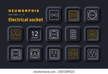 Electrical socket set icon. Plug types, power outlets, energy sources, home electricity, industry standards, connection, wall sockets, voltage regulation, charging ports