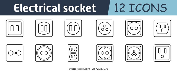 Electrical socket set icon. Power outlets, plug types, universal adapters, wall sockets, energy connection, safety standards, power supply, residential and commercial use, global electricity systems