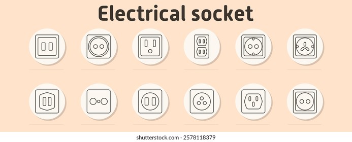 Electrical socket set icon. Standard socket, round, three-pin, double, industrial, adapter, dual, European socket, US , wall outlet, socket with plug, global