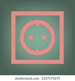 Electrical socket sign. Apricot Icon with Brick Red parquet floor graphic pattern on a Ebony background. Feldgrau. Green. Illustration.