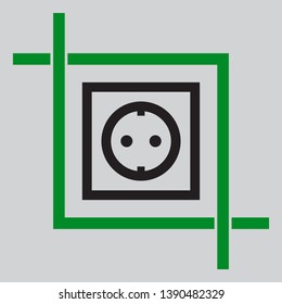 Electrical socket sign. Black icon inside green crop tool at light gray background