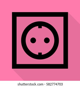 Electrical socket sign. Black icon with flat style shadow path on pink background.