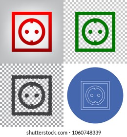 Electrical socket sign. Vector. 4 styles. Red gradient in radial lighted background, green flat and gray scribble icons on transparent and linear one in blue circle.