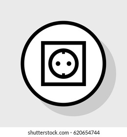 Electrical socket sign. Vector. Flat black icon in white circle with shadow at gray background.