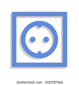 Electrical socket sign. Vector. Neon blue icon with cyclamen polka dots pattern with light gray shadow on white background. Isolated.