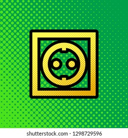 Electrical socket sign. Vector. Pop art orange to yellow dots-gradient icon with black contour at greenish background.