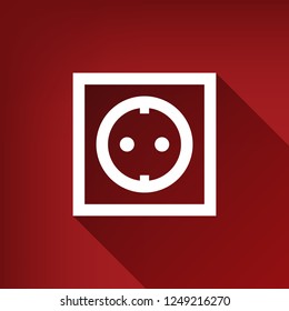 Electrical socket sign. Vector. White icon with limitless shadow at ruby red background.