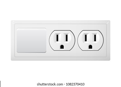 Electrical socket Type B with switch. Power plug vector illustration. Realistic receptacle from Mexico. The lights button on and off.