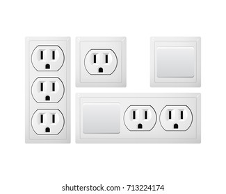 Electrical socket Type B with switch. Power plug vector illustration. Realistic receptacle from USA. The lights push on and off. Group of objects.