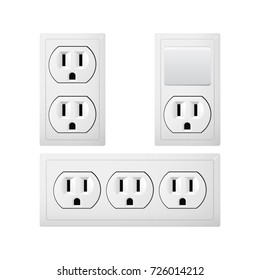 Electrical socket Type B with switch. Power plug vector illustration. Realistic receptacle from Canada and Mexico. The lights push on and off. Set of obgect.