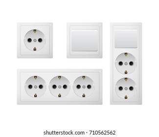 Electrical socket Type F with switch. Power plug vector illustration. Realistic receptacle from Europe and Russia. The lights button on and off. Set of obgect.
