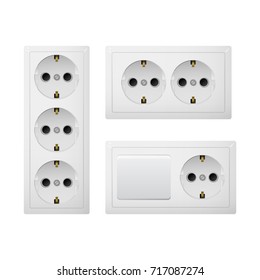 Electrical socket Type F with switch. Power plug vector illustration. Realistic receptacle from Europe. The lights breaker on and off. Set of object.