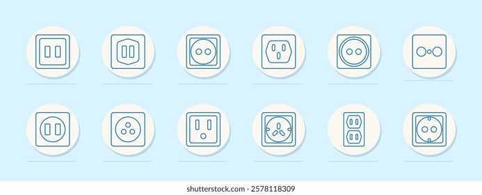 Electrical sockets set icon. Various plug socket designs, dual and triple sockets, round and square frames. Represent home and industrial electricity access