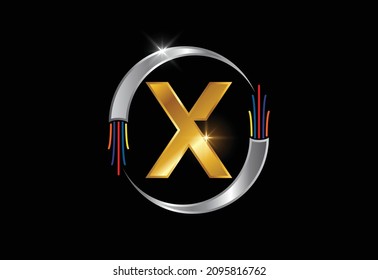 Initiales X-Monogramm-Buchstabenalphabet mit elektrischem Draht, Glasfaserkabel. Schriftemblem.