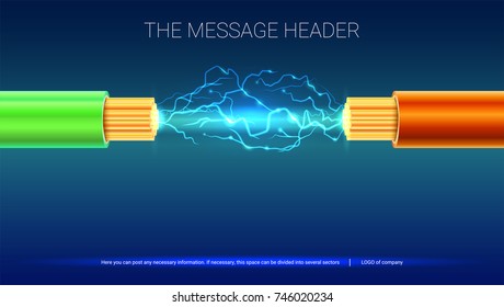 Electrical spark between two insulated, stranded copper wires. Electric cable with sparks. Horizontal design for presentation, posters, cover art, banners or advertising. 3D illustration.