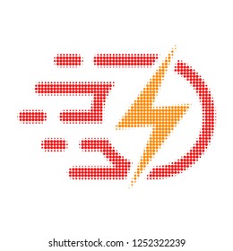 Electrical spark halftone dotted icon with fast speed effect. Vector illustration of electrical spark designed for modern abstraction with symbols of speed, rush, progress, energy.