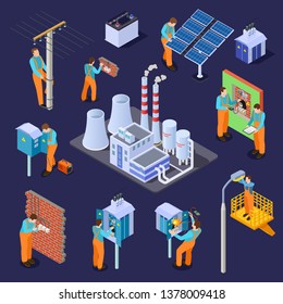 Electrical station and electricians, workers isometric vector set