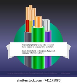 Electrical stranded cables with insulated. Copper and aluminium electrical wires in the coloured braid with example of text design. Print design for poster, presentation. 3D illustration.