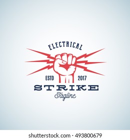 Electrical Strike Power Abstract Vector Emblem or Logo Template. Fist holding Lightnings Symbol with Retro Typography. Isolated.