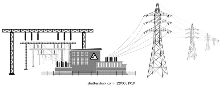 Electrical substation with high voltage lines. Transformers and substation buildings. Transmission and reduction of electrical energy.