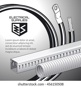 Electrical supplies, cable-channel, cable, wire. Vector illustration.
