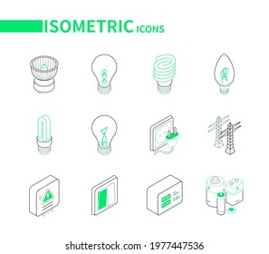 Electrical supplies - modern colorful isometric icons set. Lighting equipment and electricity idea. Halogen, fluorescent, incandescent lamps, led bulb, plug socket, transmission towers, switch images