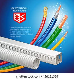 Electrical supplies, multicolored wires, cable, cable-channel. Vector illustration.