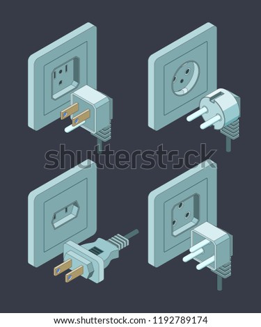 Electrical supplies type. Electric switch breaker home insulation energy plugs vector isometric pictures. Illustration of socket plug, connection electrical