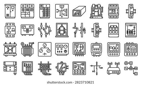 Electrical Switchgear Power Substation Circuit Breaker and Transformer Line Icon Set