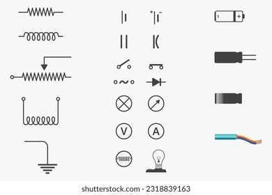 Electrical symbols. Resistor, Capacitor, Coil, Lamp, Diode, cable.