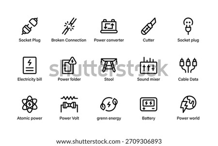 Electrical system icons. Feature power devices, charging units, wiring symbols, energy parts, utilities, and essential electrical elements