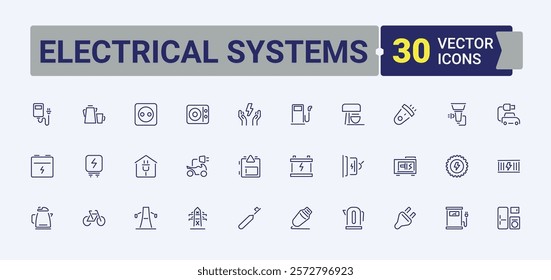 Electrical Systems icon set. Contains related to factory, electricity, electric, city, panel, wi, bulb, ui. Thin outline icons pack. Vector icons editable stroke.