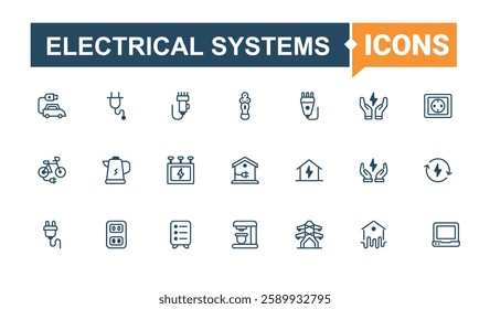 Electrical Systems isolated icon set. Icons house, gas, city, turbine, atom and more. Icons for website. Outline and solid pictogram.