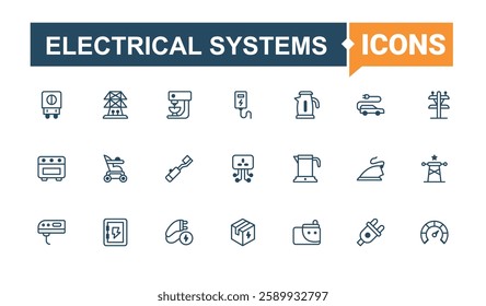 Electrical Systems isolated icon set. Icons house, gas, city, turbine, atom and more. Icons for website. Outline and solid pictogram.