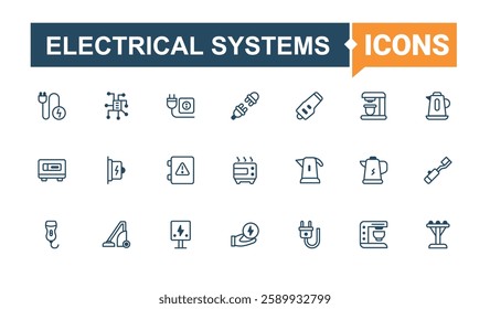 Electrical Systems isolated icon set. Icons house, gas, city, turbine, atom and more. Icons for website. Outline and solid pictogram.