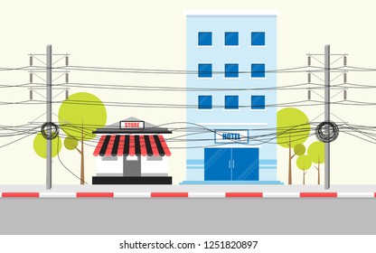 The electrical tangled wires in the city, electrical wire faulty infrastructure, bad scenery. Flat design illustrator.