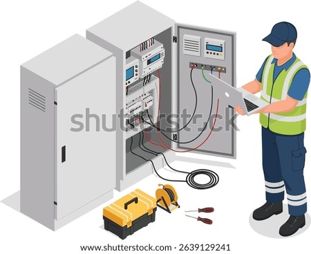 Electrical technician fixing a PLC control cabinet in a smart factory, isometric isolated cartoon