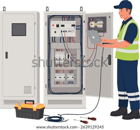 Electrical technician fixing a PLC control cabinet in a smart factory, isometric isolated cartoon