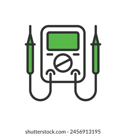 Probador eléctrico, en diseño de línea, verde. Vector eléctrico, probador, prueba, voltaje, medida, sonda, sobre fondo blanco. Icono de trazo editable del comprobador eléctrico.