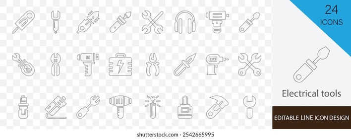 Conjunto de iconos de línea esencial de herramientas eléctricas que contiene destornillador, alicates, llave inglesa, taladro, martillo, sierra, multímetro y más diseño de carrera 