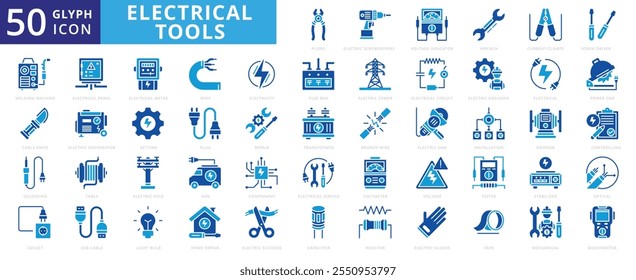 Conjunto de iconos de herramientas eléctricas con bombilla, electricidad, herramientas, ingeniero, reparación, servicio, voltaje, alambre, mecánico, cable, llave, tijeras, óptico, eléctrico, componente, alicates, transformador, guantes