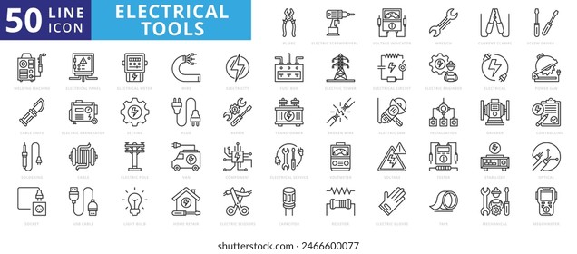 Electrical Tools icon set with screwdrivers, voltage indicator, wrench, current clamps, screwdriver and welding machine.